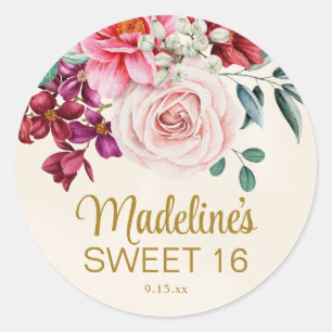 Pink Peonies Burgundy Floral Leaves Sweet 16 Classic Round Sticker