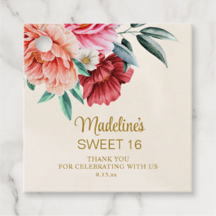 Pink Peonies Burgundy Floral Leaves Sweet 16 Favour Tags