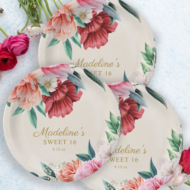 Pink Peonies Burgundy Floral Leaves Sweet 16  Paper Plate (Creator Uploaded)