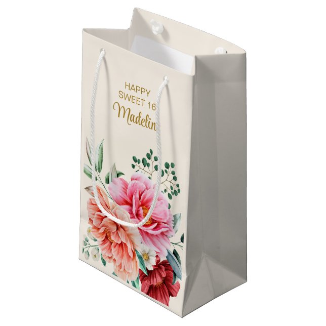 Pink Peonies Burgundy Floral Leaves Sweet 16  Smal Small Gift Bag (Front Angled)