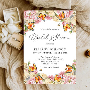 Pink Peonies Butterflies Floral Bridal Shower Invitation