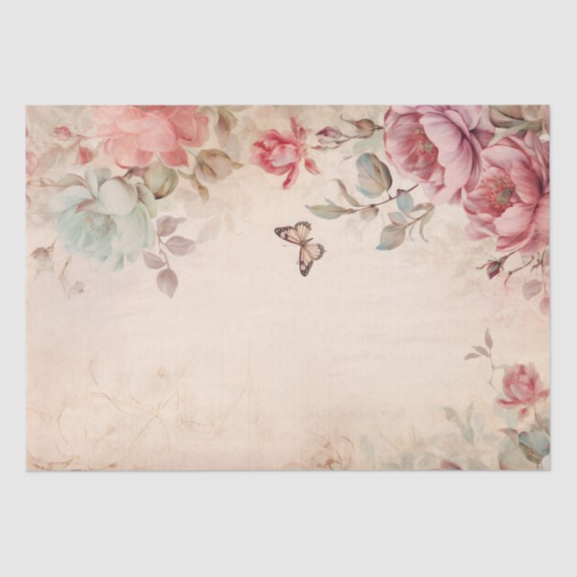 Pink Peonies Butterfly on Parchment Decoupage Tissue Paper (Front)