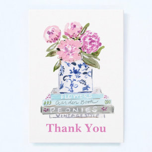 Pink Peonies Chinoiserie Vase Book Stack Thank You Card