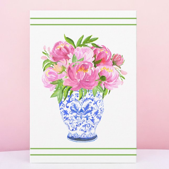 Pink Peonies Chinoiserie Vase Green Border Thank You Card (Creator Uploaded)