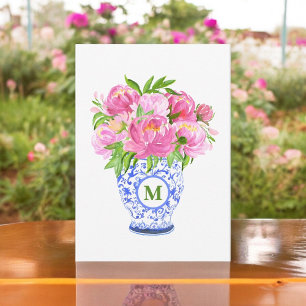 Pink Peonies Chinoiserie Vase Green Monogram Card