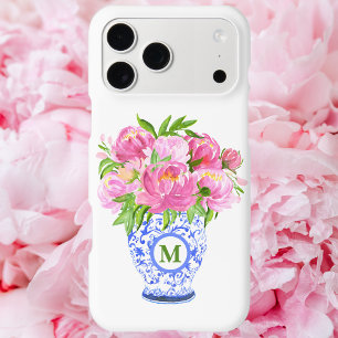 Pink Peonies Chinoiserie Vase Green Monogram iPhone 15 Plus Case