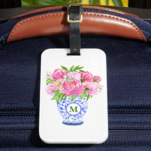 Pink Peonies Chinoiserie Vase Green Monogram Luggage Tag