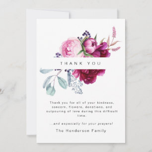 Pink Peonies Colourful Funeral Bereavement  Thank You Card