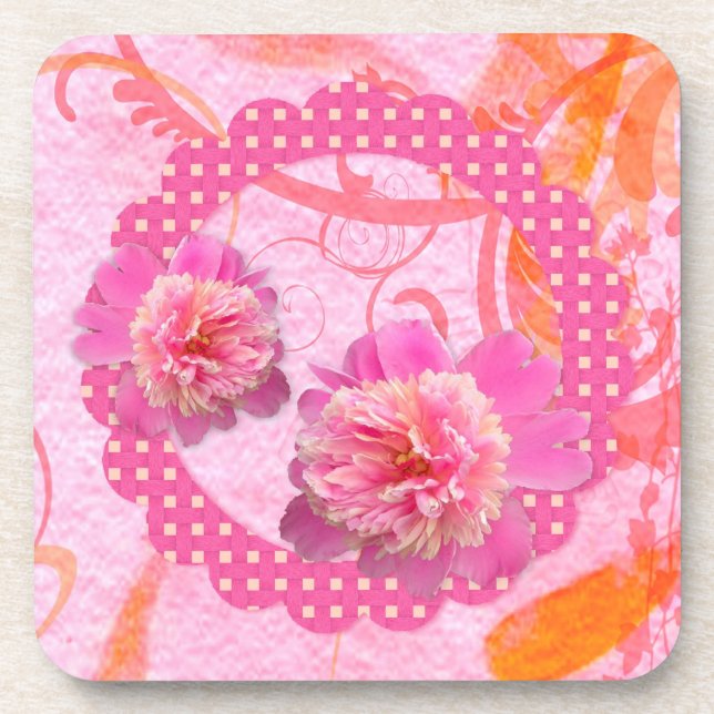 Pink Peonies Cork Coaster (Front)