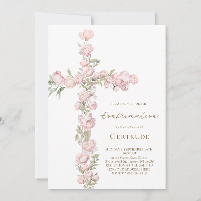 pink peonies cross Confirmation Invitation (Front)
