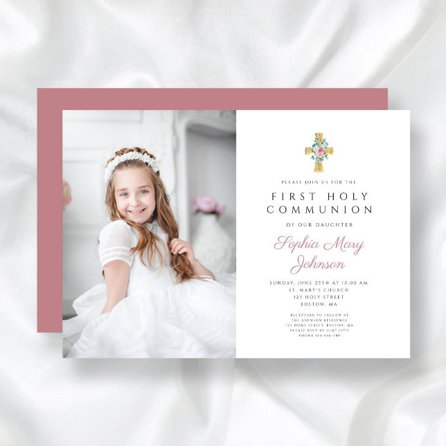 Pink Peonies Cross Girl First Communion Photo Invitation (Pink Peonies Cross Girl First Communion Photo Invitation)