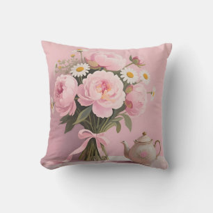 Pink Peonies Daisies Bouquet Cushion