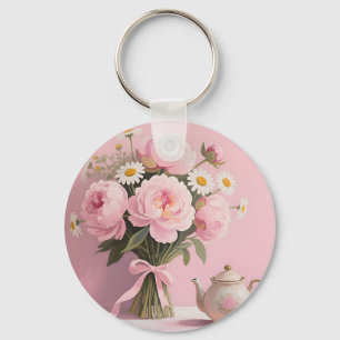 Pink Peonies Daisies Bouquet Key Ring