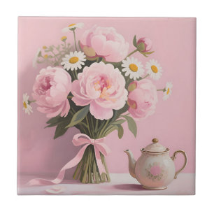 Pink Peonies Daisies Bouquet Tile