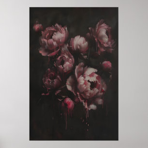 Pink Peonies Dark Flowers Art Print, Moody Gothic Poster