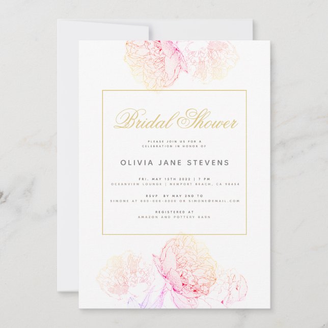 Pink Peonies Elegant Script Modern Bridal Shower Invitation (Front)