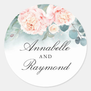 Pink Peonies Elegant Watercolor Greenery Bouquet Classic Round Sticker