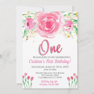 Pink Peonies Enchanted Chic First Birthday Invitation