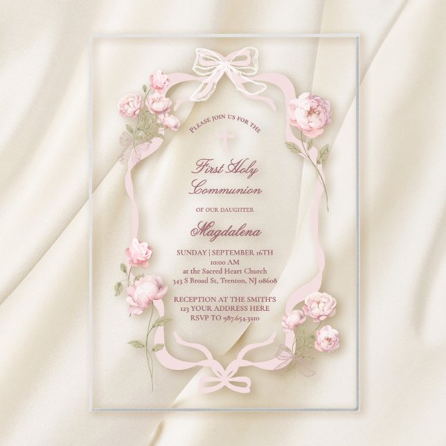 pink peonies First Holy Communion girl Acrylic Invitations (Creator Uploaded)