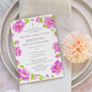 Pink Peonies First Holy Communion Invitation