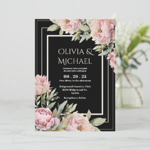 Pink Peonies Floral Black Elegant Wedding Invitation