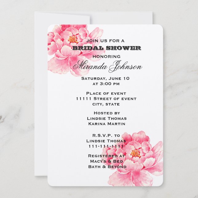 Pink Peonies Floral Bridal Shower Invitation (Front)