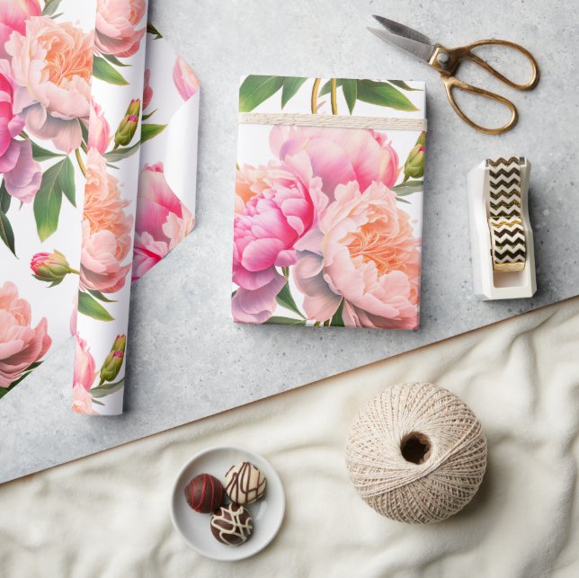 Pink Peonies Floral Bridal Shower Wrapping Paper (Crafts)