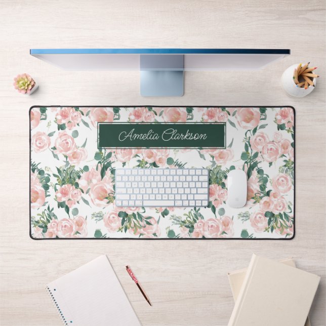 Pink Peonies Floral Custom Name Desk Mat (Office 1)