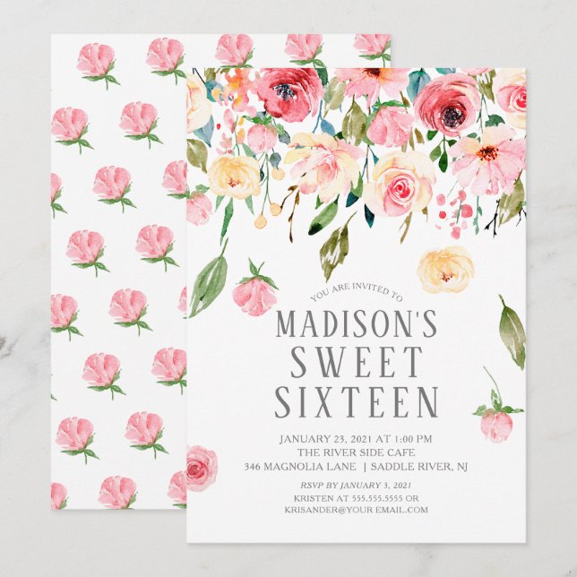Pink Peonies Floral Drop Sweet Sixteen Party Invitation (Front/Back)