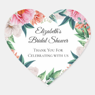 Pink Peonies Floral Eucalyptus Bridal Shower Favou Heart Sticker