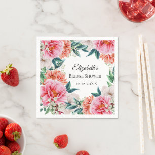Pink Peonies Floral Eucalyptus Bridal Shower Napkin