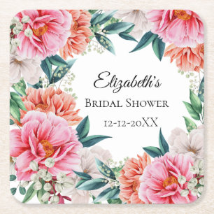 Pink Peonies Floral Eucalyptus Bridal Shower  Square Paper Coaster