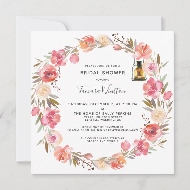 Pink Peonies Floral Gold Lights Bridal Shower Invitation (Front)