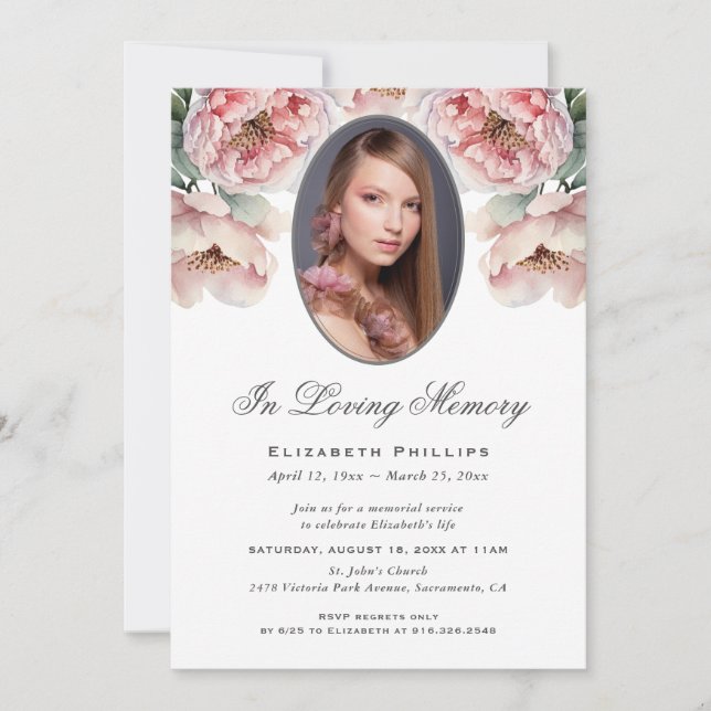 Pink Peonies Floral Photo In Loving Memory Invitation (Front)