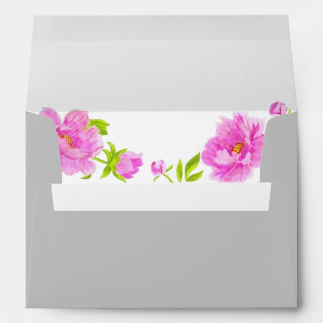 Pink Peonies Floral Silver Return Address Envelope (Back (Bottom))