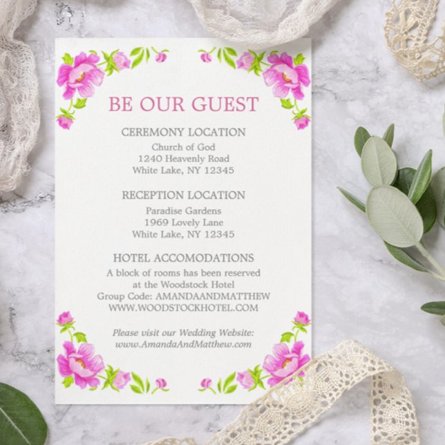 Pink Peonies Floral Silver Wedding Information Enclosure Card (Creator Uploaded)