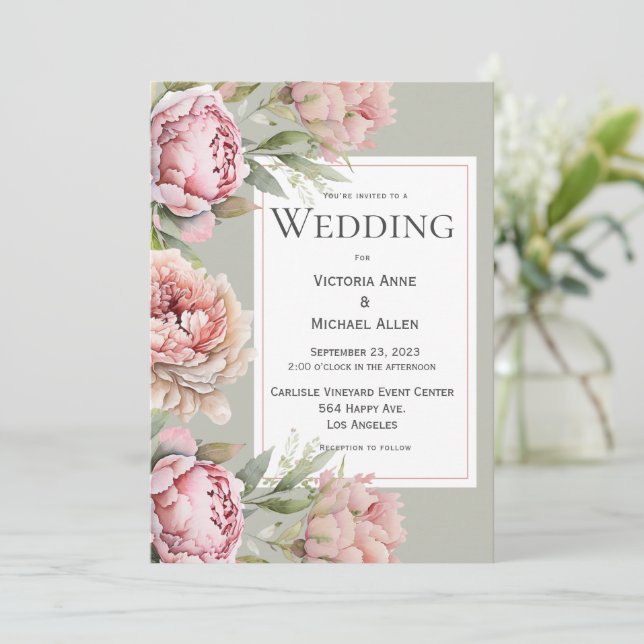 Pink Peonies Floral Watercolor Sage Green Wedding Invitation (Standing Front)