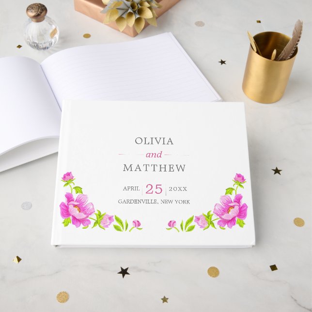 Pink Peonies Floral Wedding Guest Book (Front Open)