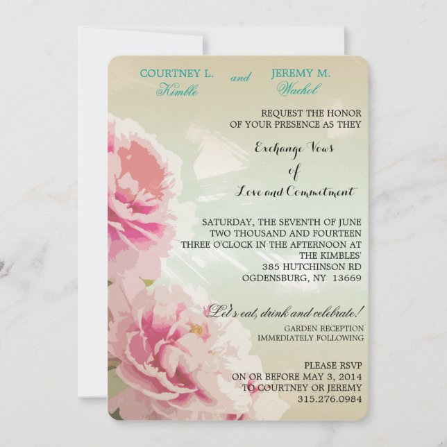 Pink Peonies Floral Wedding Invitation (Front)
