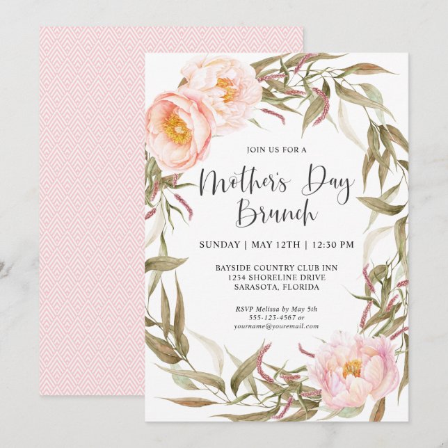 Pink Peonies Floral Wreath Mothers Day Brunch Invitation (Front/Back)