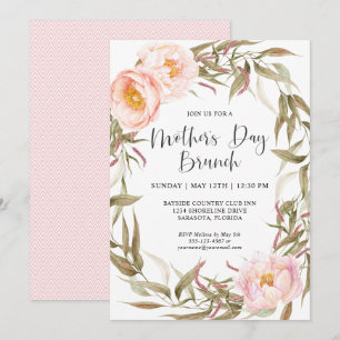 Pink Peonies Floral Wreath Mothers Day Brunch Invitation