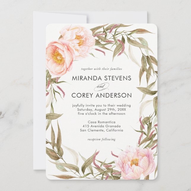 Pink Peonies Floral Wreath Wedding Invitation (Front)