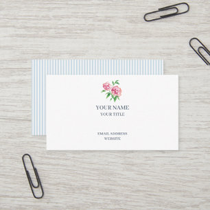Pink Peonies Flower Blue Stripe Business Card