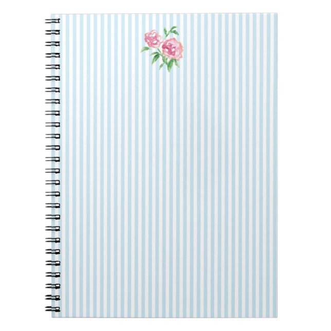 Pink Peonies Flower Blue Stripe Preppy Notebook (Front)
