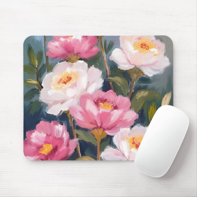 Pink Peonies Flower Bouquet Watercolor Mouse Mat (With Mouse)