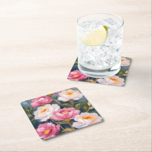 Pink Peonies Flower Bouquet Watercolor Square Paper Coaster