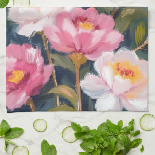 Pink Peonies Flower Bouquet Watercolor Tea Towel