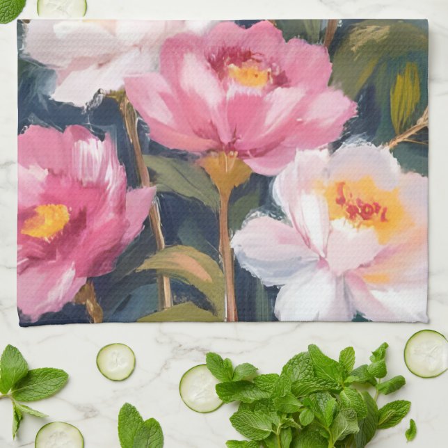Pink Peonies Flower Bouquet Watercolor Tea Towel (Folded)