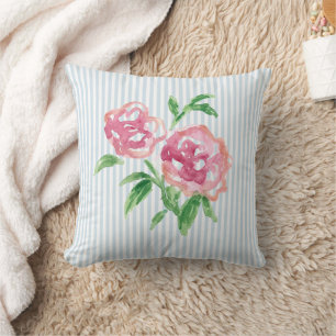 Pink Peonies Flower Painting Blue Stripe Cushion