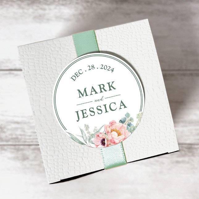 Pink Peonies Flower Wedding Classic Round Sticker (Creator Uploaded)